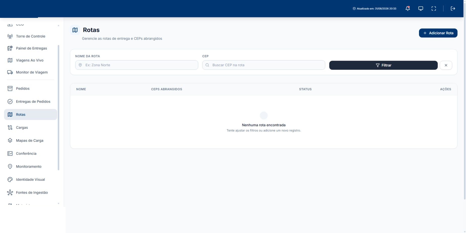 Gestão de Rotas — captura real do sistema Mobix