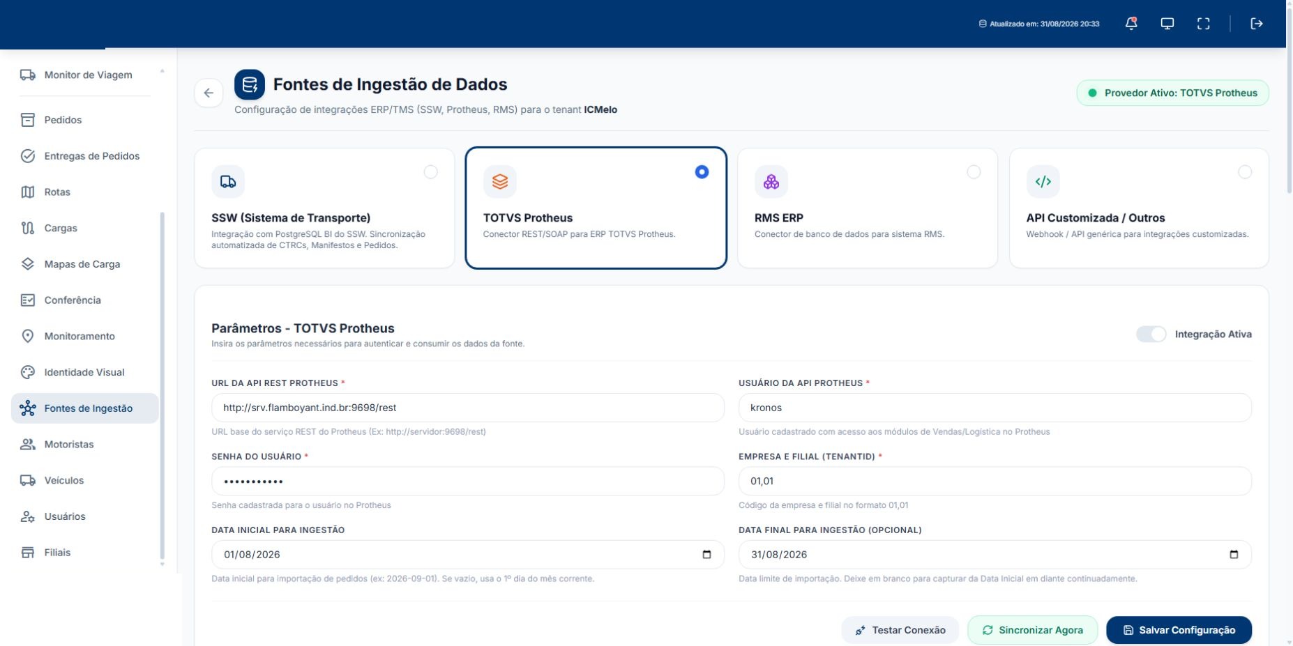Fontes de Ingestão e Integrações — captura real do sistema Mobix